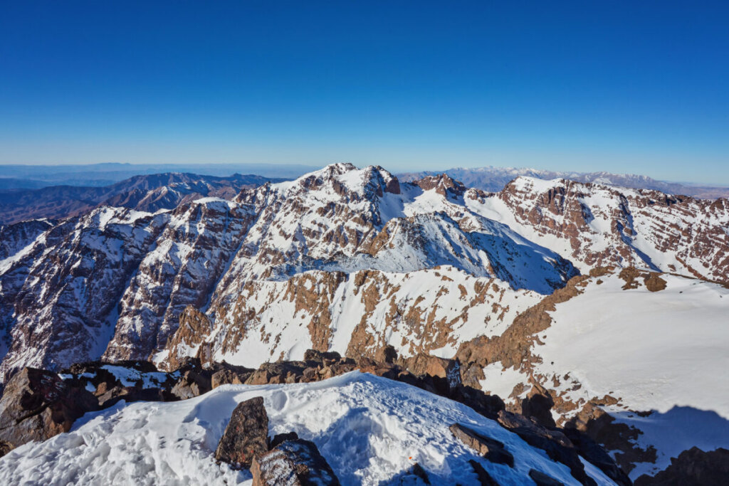 Aerial view of snow covered High Atlas Mountains in Morocco, North Africa
