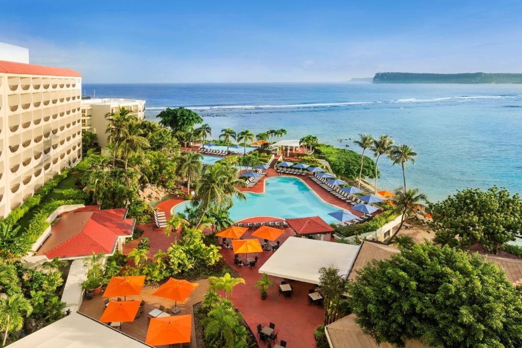 Hilton Guam Resort and Spa aerial view showing beachfront location and tropical grounds
