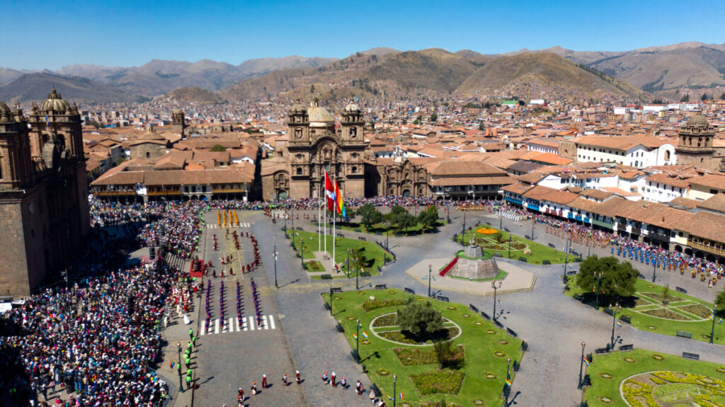 Aerial view of the Inti Raymi Festival celebration at Plaza de Armas in Cusco, Peru