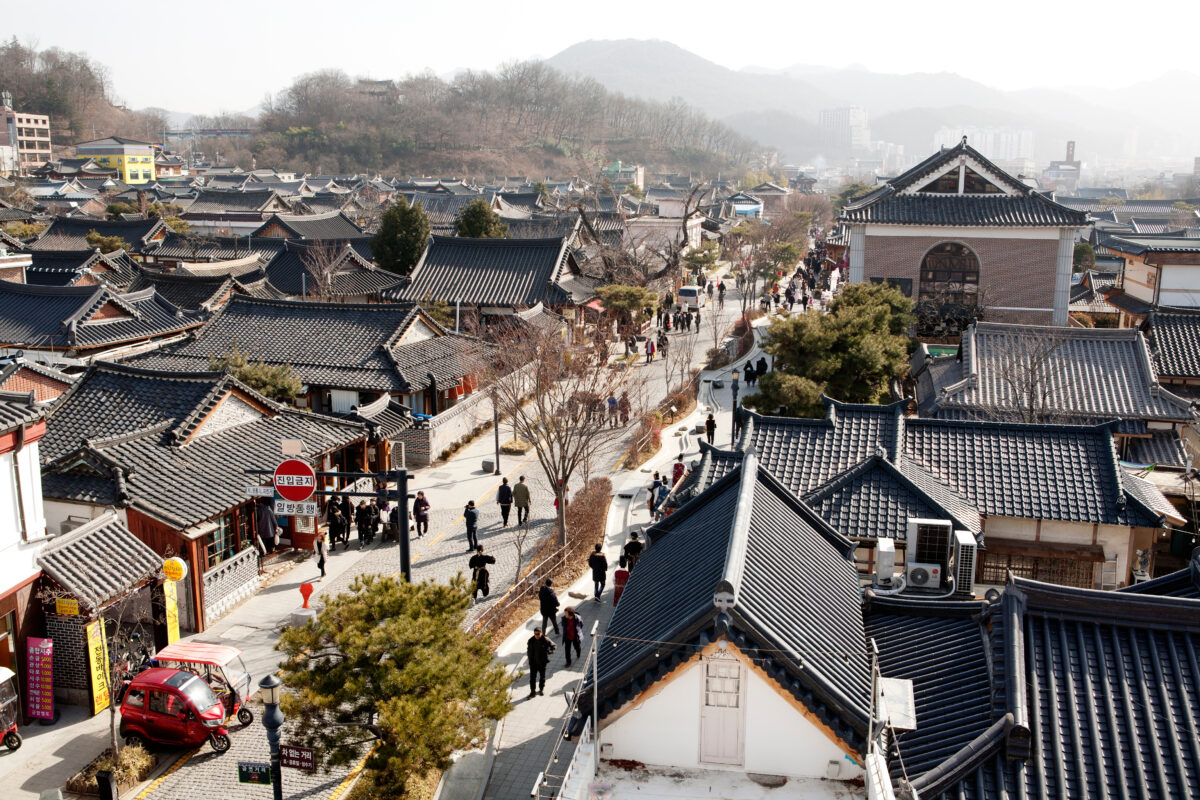 Aerial view of a hanok village in Jeonju, South Korea