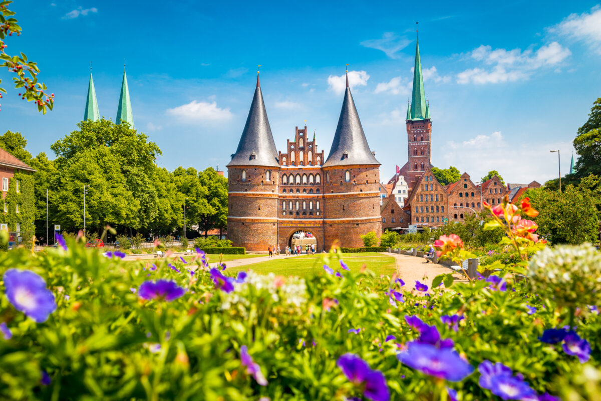 Historic town of Lübeck with famous Holstentor gate