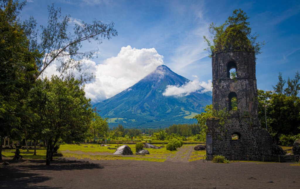 Mayon Volcano and old bell tower in Albay, Philippines
