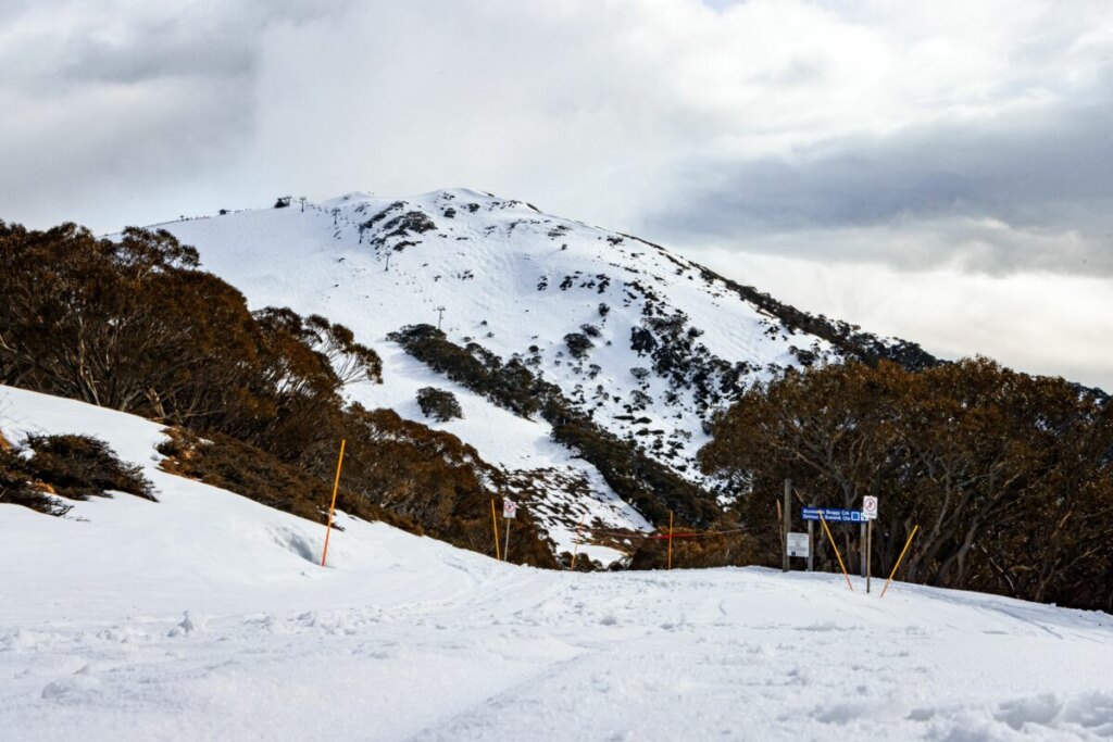 Ski slopes and snowy hill at Mount Buller in Victoria, Australia