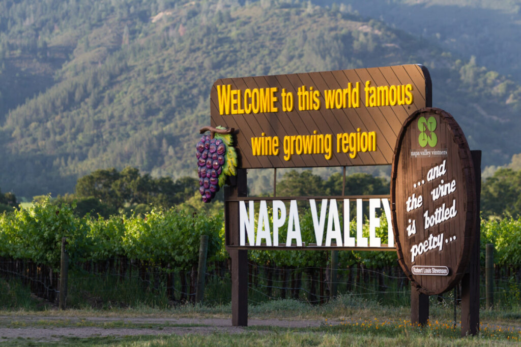 Close-up of the Napa Valley welcome sign in Napa Valley, California