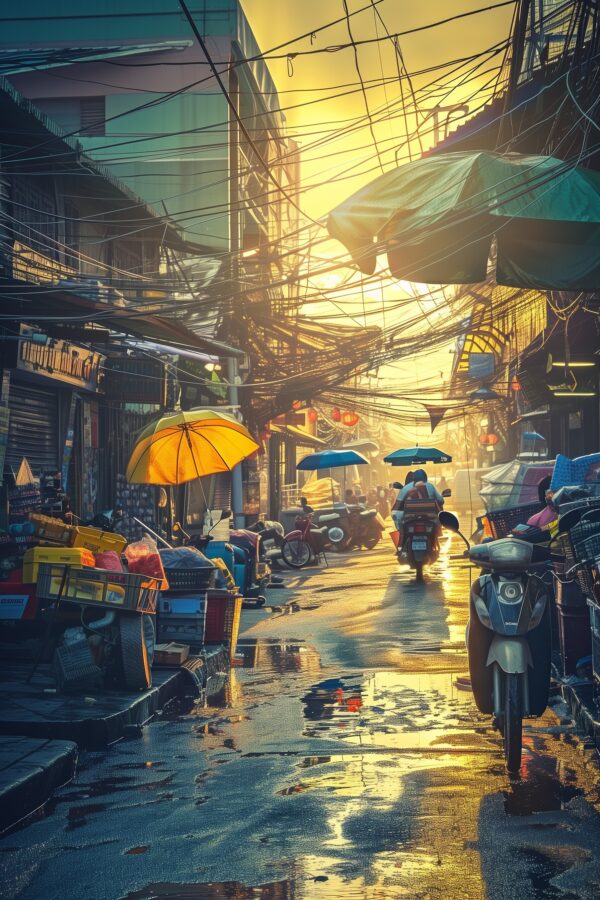 Busy City Street in the Heart of Old City Bangkok