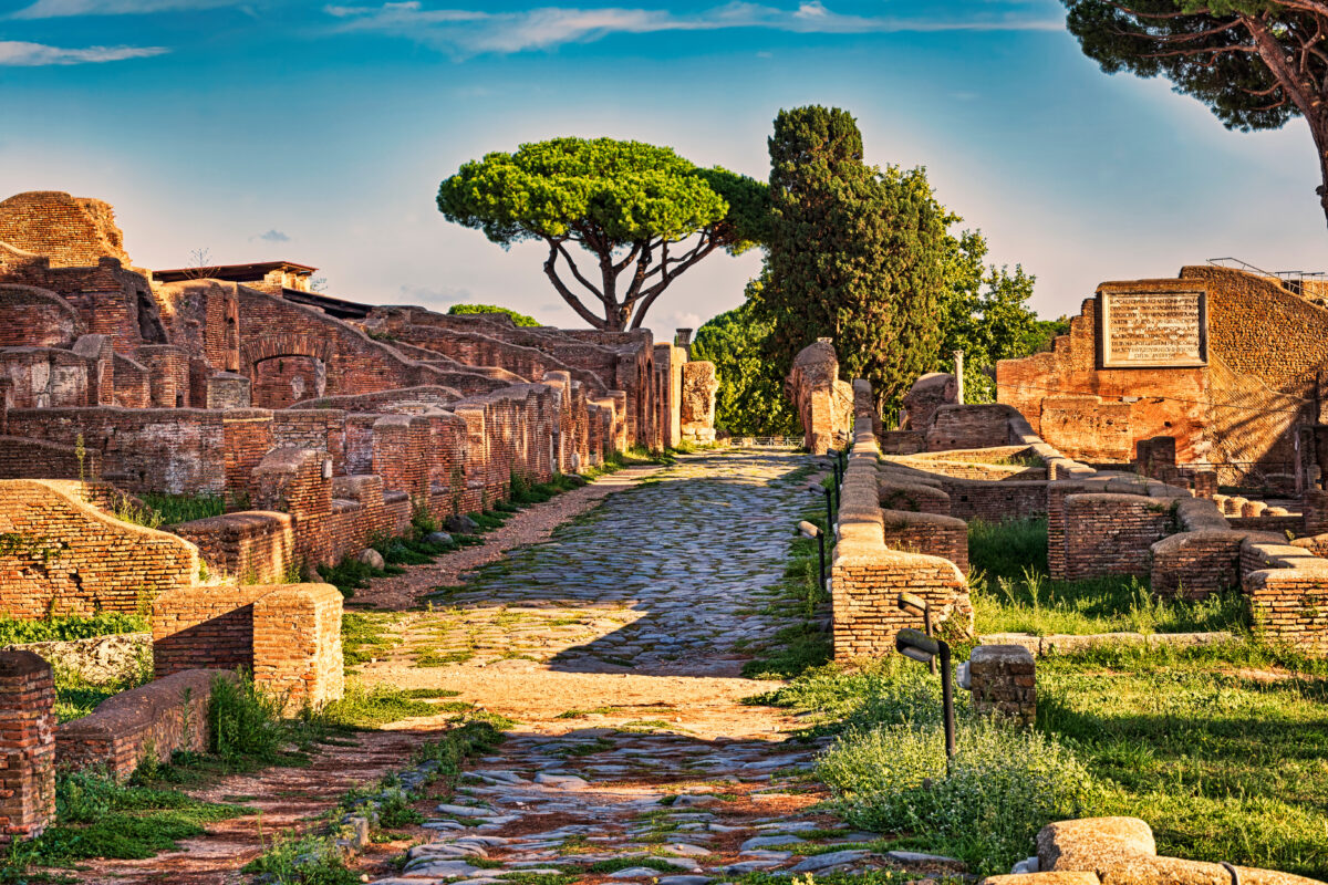Archaeological Roman ruin street view in Ostia antica.