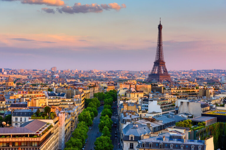 Skyline of Paris with Eiffel Tower in Paris, France.