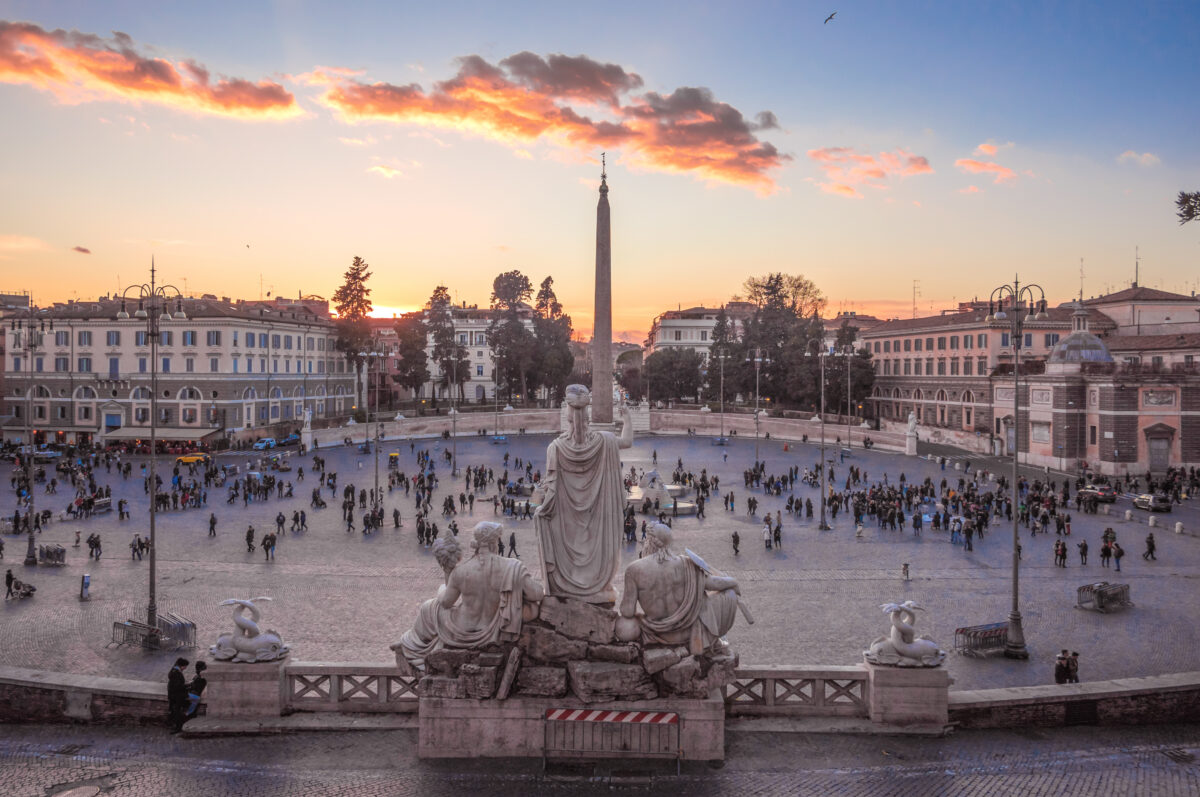 Piazza del Popolo square at sunset, from Terrazza del Pincio