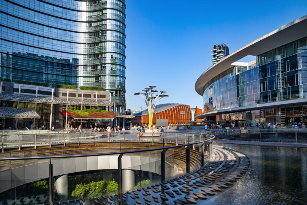 Piazza Gae Aulenti circular square and fountains in Milan, Italy