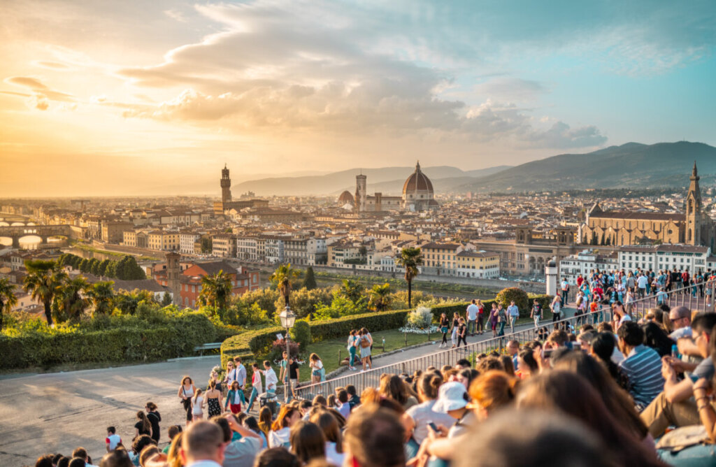 Locals and Tourists exploring the Piazzale Michelangelo in Florence, Tuscany