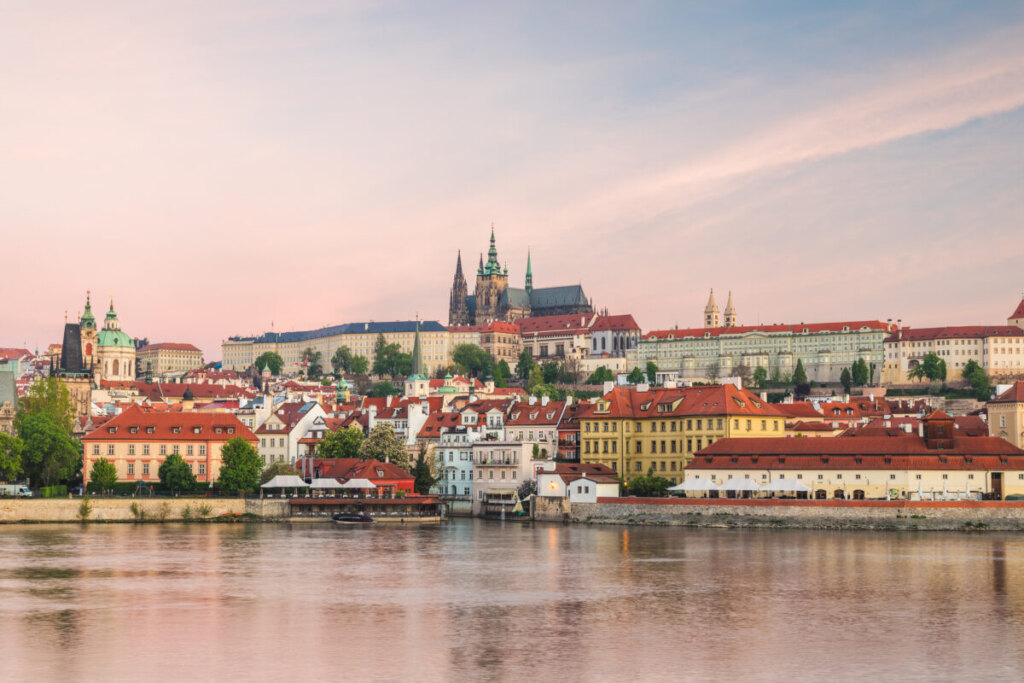 Panoramic view of Prague Castle and Vltava river in Prague, Czech Republic