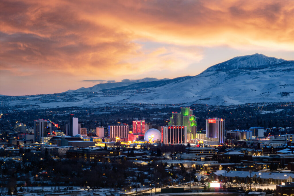 Panoramic view of Reno, Nevada winter view, snowy mountains, and sunset view