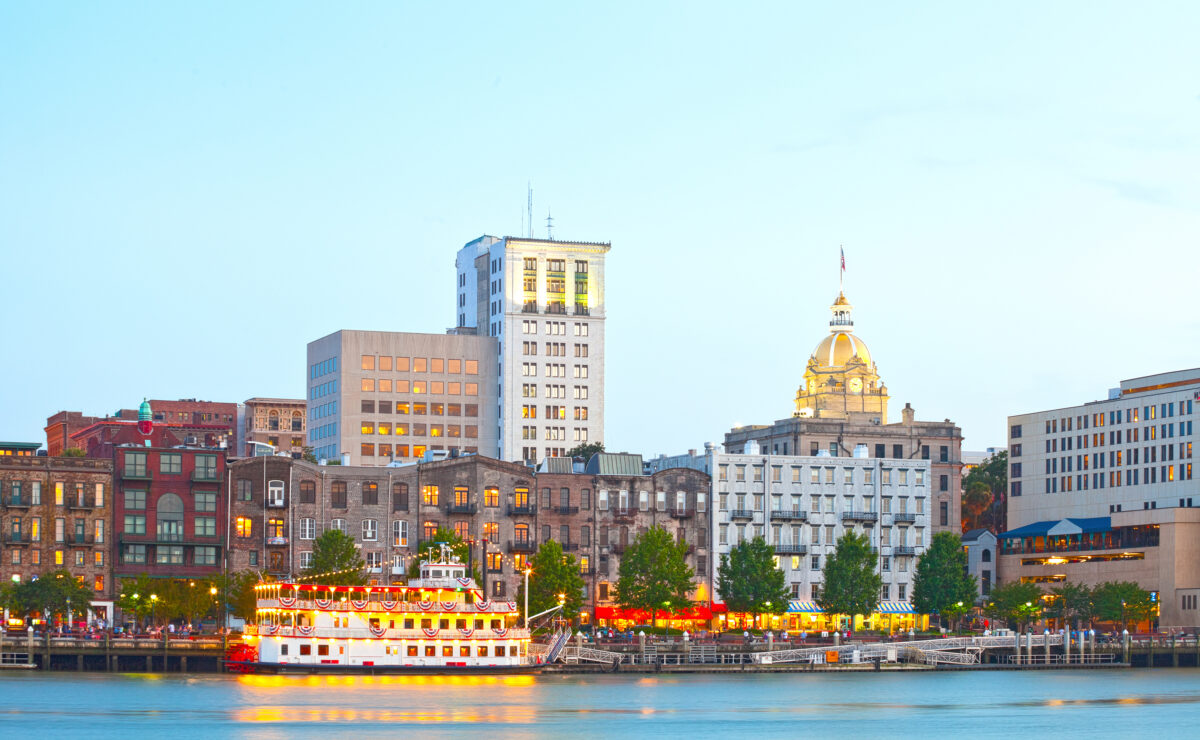 Savannah Georgia USA, skyline of historic downtown at sunset