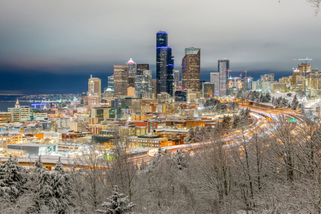 Panoramic view of downtown Seattle, with buildings at night and trees covered in snow during the winter