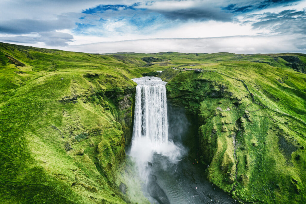 Aerial view of Skogafoss Waterfall in Iceland