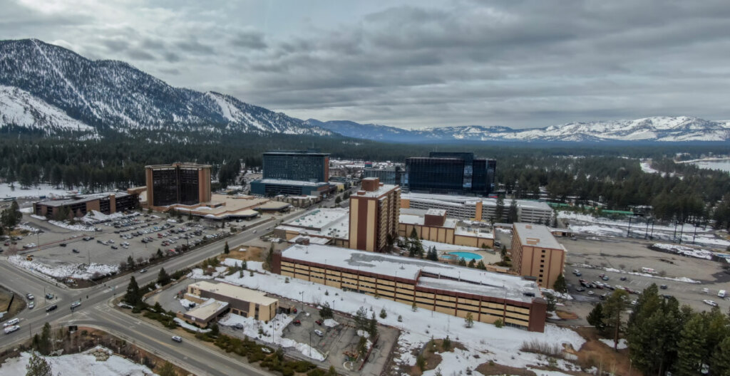 Aerial view of the Stateline on Lake Tahoe during winter in Nevada