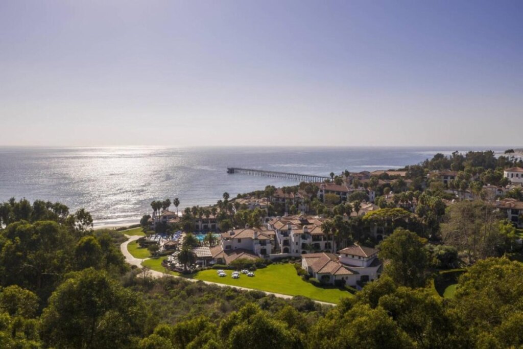 Aerial view and the exterior of the The Ritz-Carlton Bacara, Santa Barbara, California