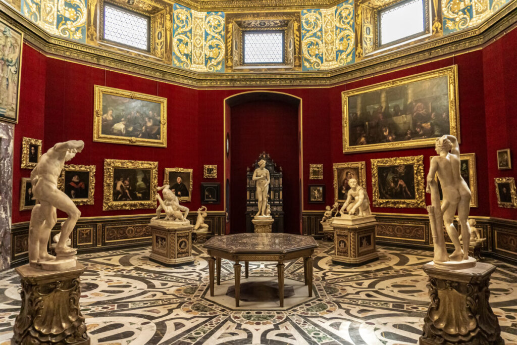 Exhibit inside the Tribune room at Uffizi Gallery in Florence, Italy