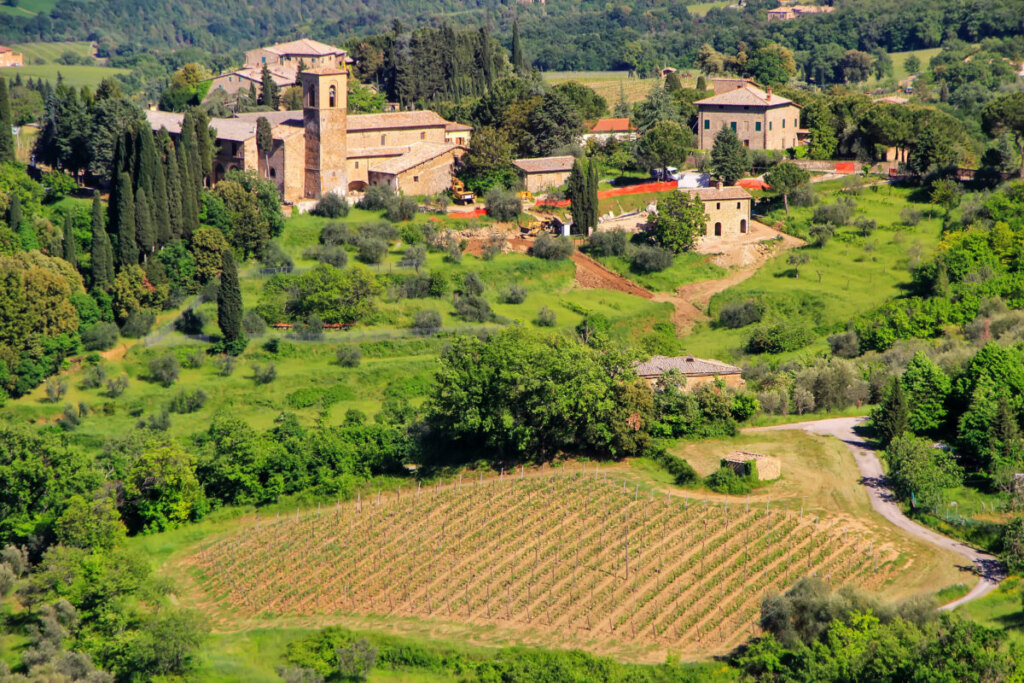 Aerial view of a farmhouse and countryside in Montalcino, Val d'Orcia, Tuscany, Italy