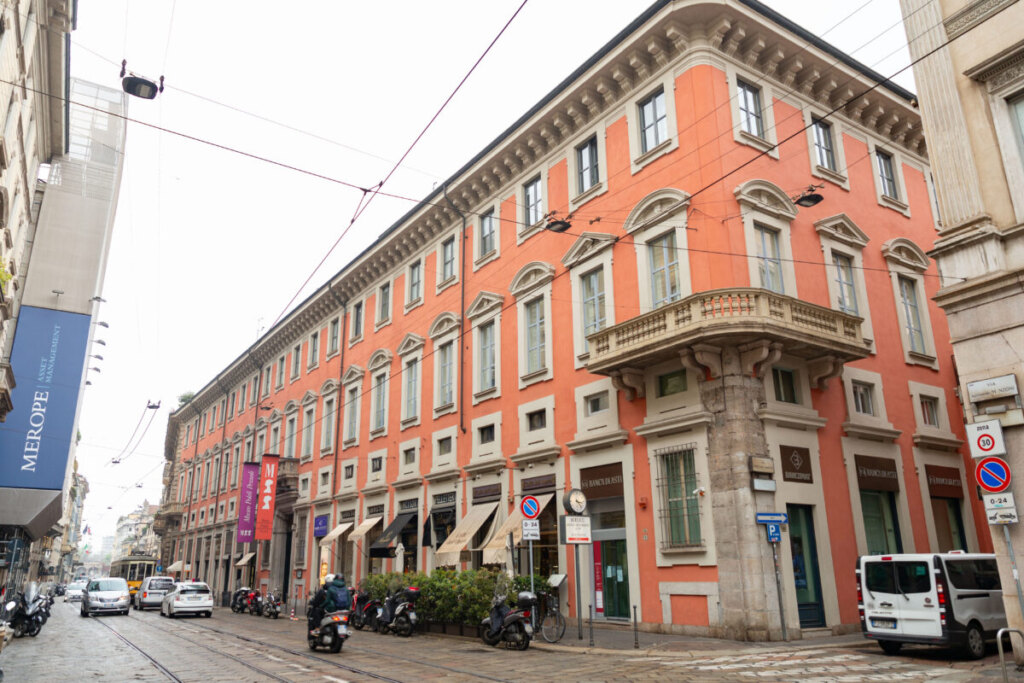 The street and establishments at Via Montenapoleone shopping district in Milan, Italy