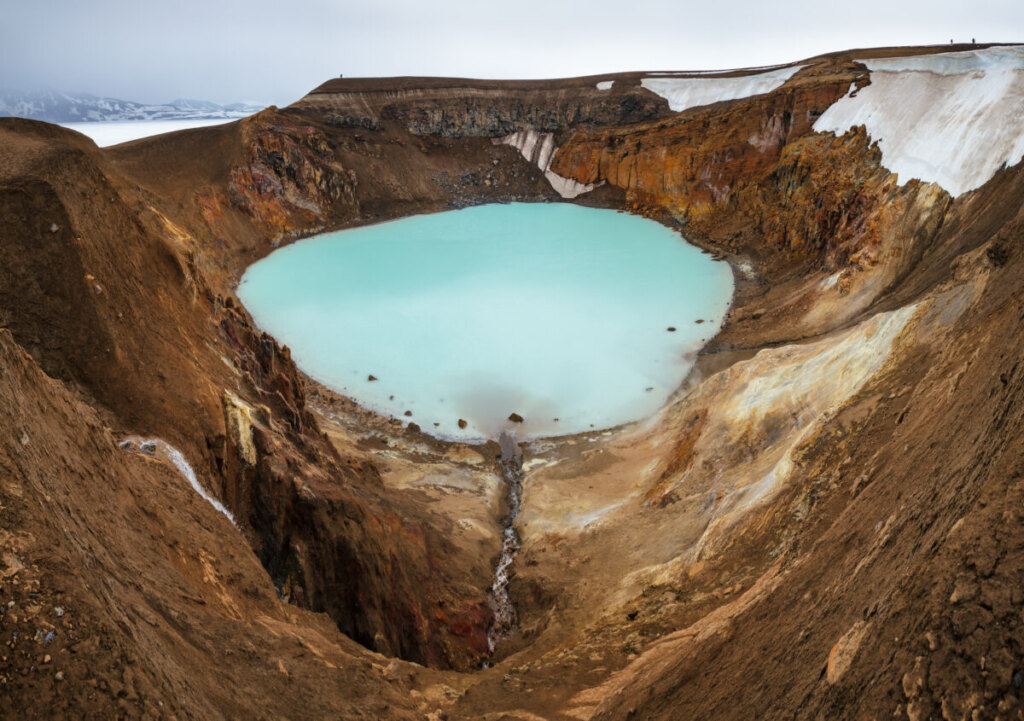 Aerial view of Víti geothermal lake in Askja, Iceland