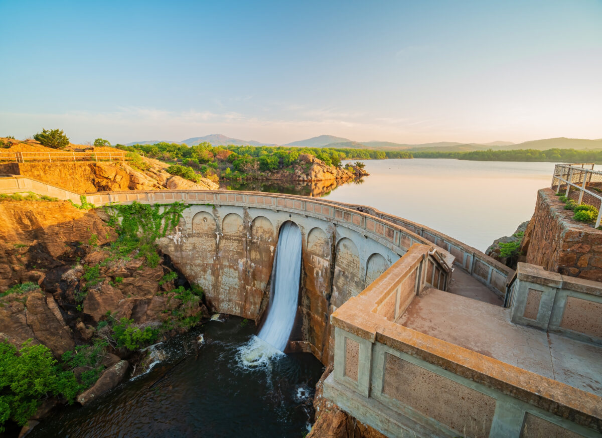 Sunny view of the Quanah Parker Dam of Wichita Mountains Wildlife Refuge