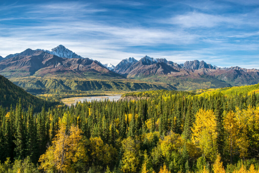 Panoramic view of the Wrangell-St. Elias National Park & Preserve in Alaska, United States